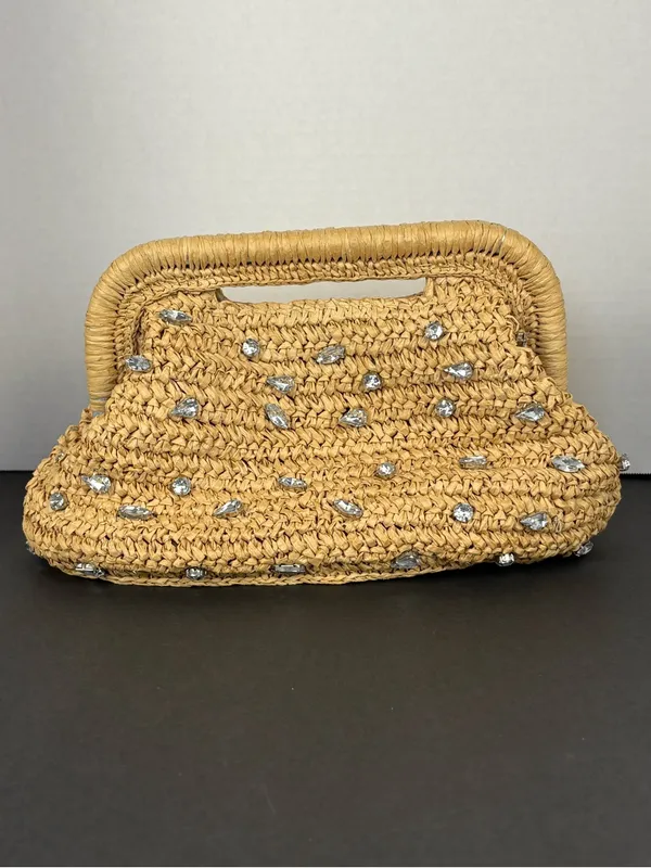 Kelly & Katie Straw Clutch Bag in Natural with crystal embellishments - Image 6