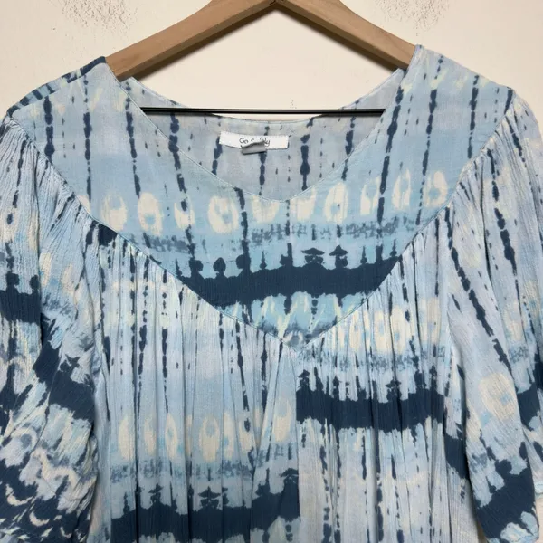 Go Softly Patio Women MIdi Dress L Blue‎ Tie Dye Shibori Rayon Short Sleeve Boho - Image 5