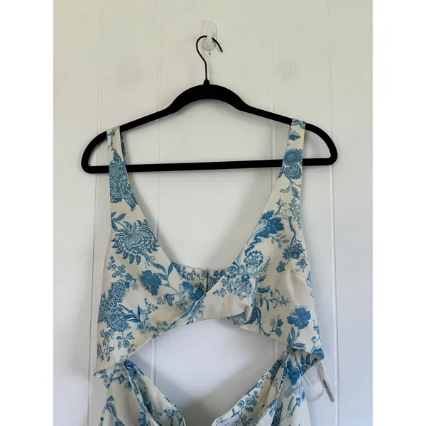 ASOS DESIGN Blue Floral Toile Cutout Midi‎ Dress Size US 10 Twisted Bust Summer - Image 3