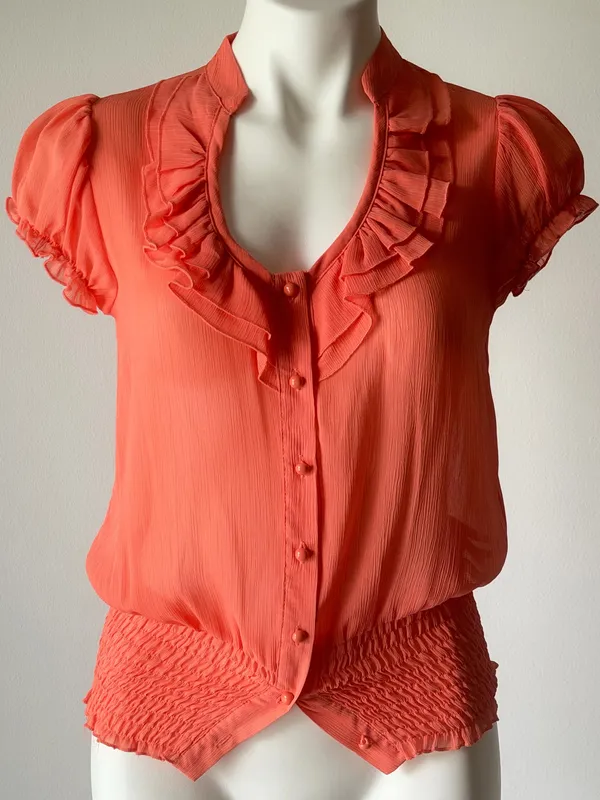 Y2K Coral Ruffled Trim Short Sleeve Sheer Blouse - Image 2