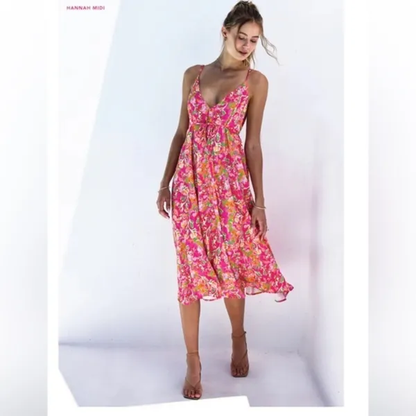 RESA Hannah Floral Midi‎ Slip Dress Small Pink Floral Fiji Print V Neck - Image 2