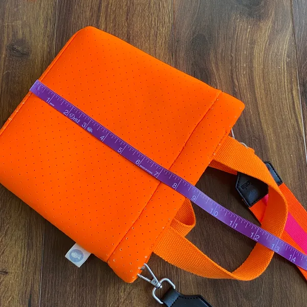 Quilted Koala Perforated Mini Scuba Crossbody Tote Bag Neon Orange With Straps - Image 10