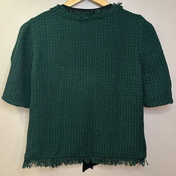 Tweed Puff Sleeve Bow Tie Front V-Neck Blouse Top - Image 4