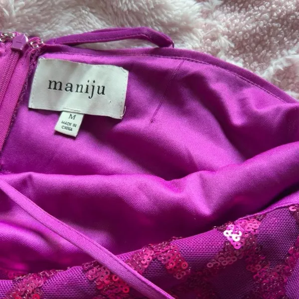 Maniju Fuchsia Pink Sequin Draped Cowl Neck Maxi Dress Size M - Image 7