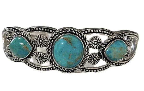 Stauer Triple Turquoise Cuff Open Bangle Silver Bracelet - Image 4