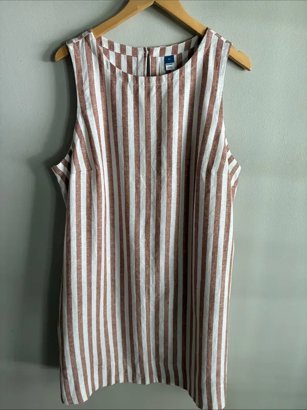 Old Navy Linen Blend Striped Shift Dress XL Tan White Sleeveless Mini - Image 2