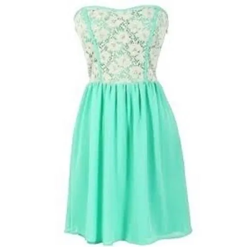 Buttons Mint Green & Ivory Lace Strapless Mini Dress Boho Sweetheart Skater Romantic M - Image 2
