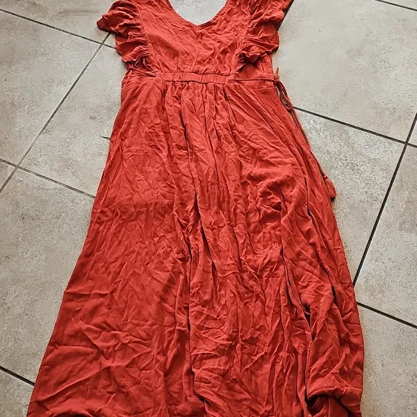 NWT Baltic Born Burnt Orange Maxi Flowy Vheck Dress Short Sleeve Sz 6 - Image 7