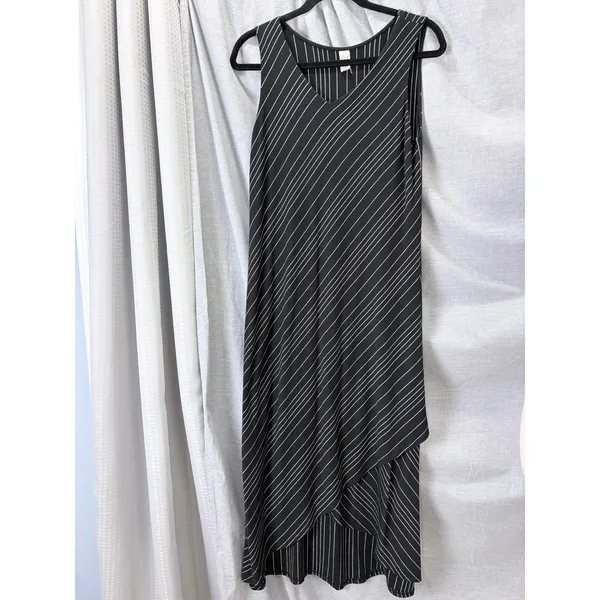 Chalet‎ Black White Pinstripe Bias Cut Sleeveless Asymmetrical Maxi Dress M USA - Image 2