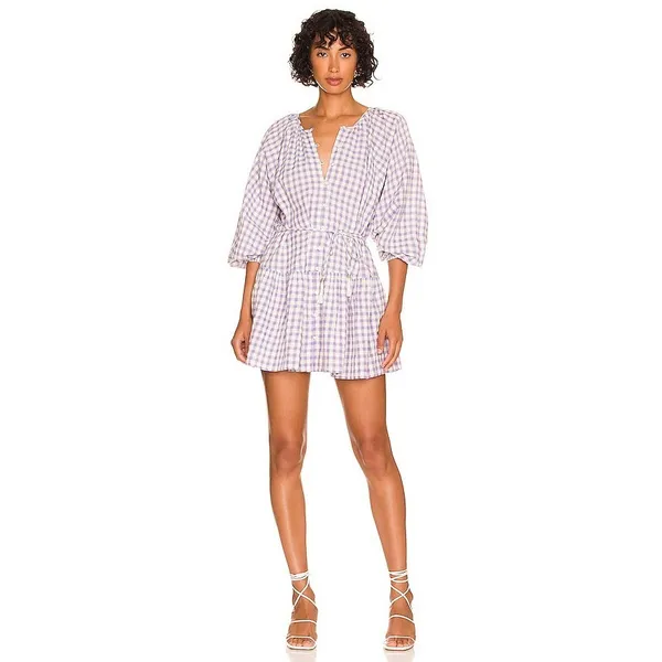 L Space Women Cotton Park Slope Gingham Vida Dress Medium Purple Tassel Tie - Image 6