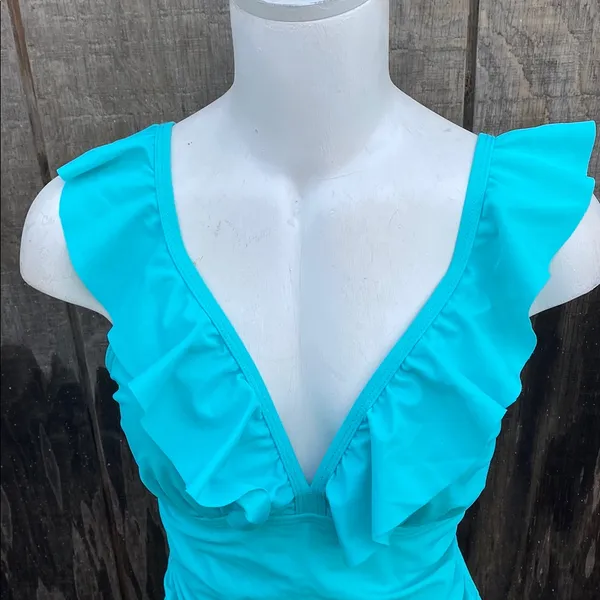 Turquoise Plunge Ruffle Trim Ruched Tummy One Piece Swimsuit Size M - Image 4