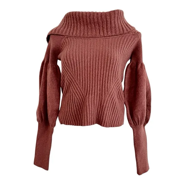 ANTHROPOLOGIE The Tessa Off The Shoulder Puff Sleeve Sweater Mauve NEW - Image 4