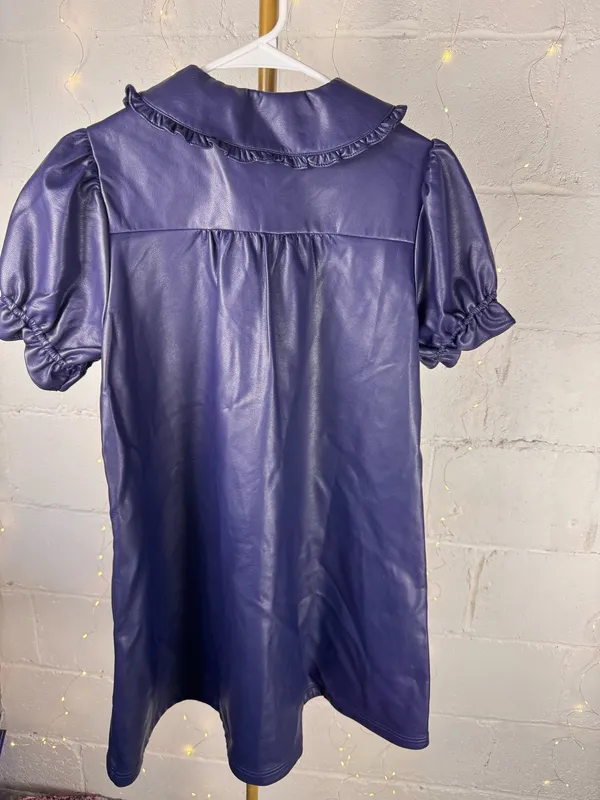 Anthropologie Pilcro Navy Faux Leather Button Front Mini Dress S Collared Puff Sleeve Pockets - Image 9