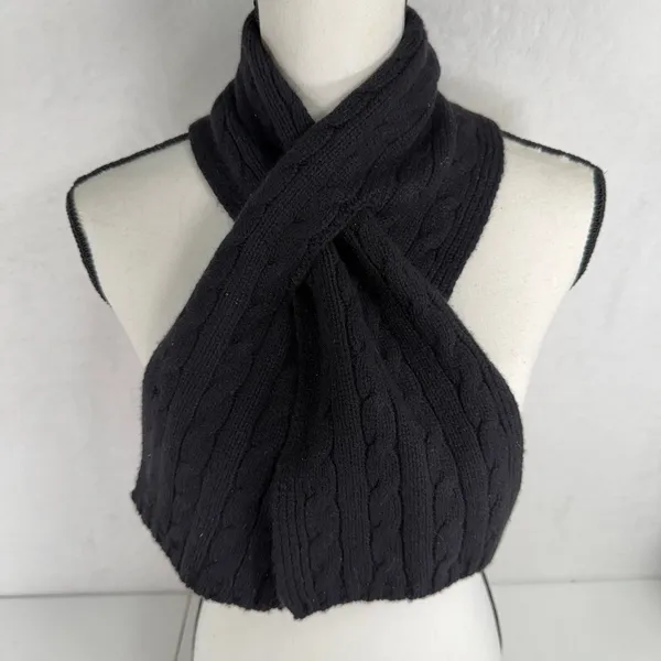 Lands End Scarf Black Cable Knit Keyhole Pull Through Neck Warmer Classic Preppy - Image 2