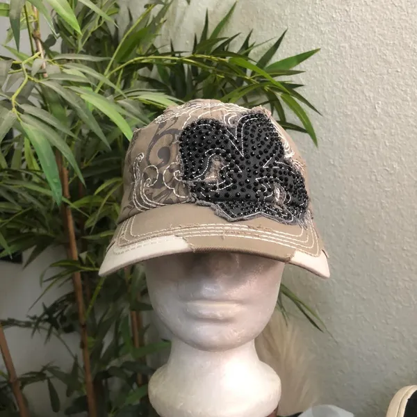 Y2K Gothic Beige Black Cyber Punk studded rhinestone large fleur de lis distressed messenger cap hat #fairy #grunge #punk #skater #whimsygoth bedazzled Adjustable - Image 2