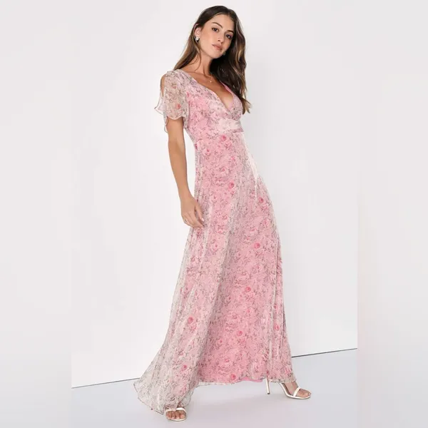 Lulus Dreamiest Desires Pink Floral Flutter Sleeve Maxi Dress - Image 4