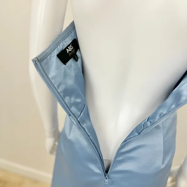 ABS Allen Schwartz Strapless Dress Light Blue Satin Corset Draped Pleated US 2 - Image 8