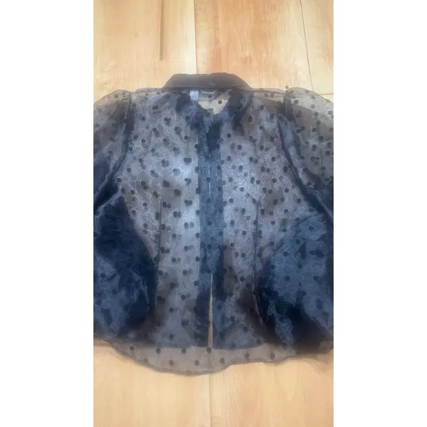 Kaktus Black Sheer Polka Dot Organza‎ Blouse Velvet Trim Puff Sleeve Large - Image 6