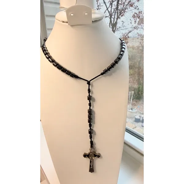Handmade Black Rosary Necklace With Silver Metal Crucifix Pendant & Beaded Chain - Image 7