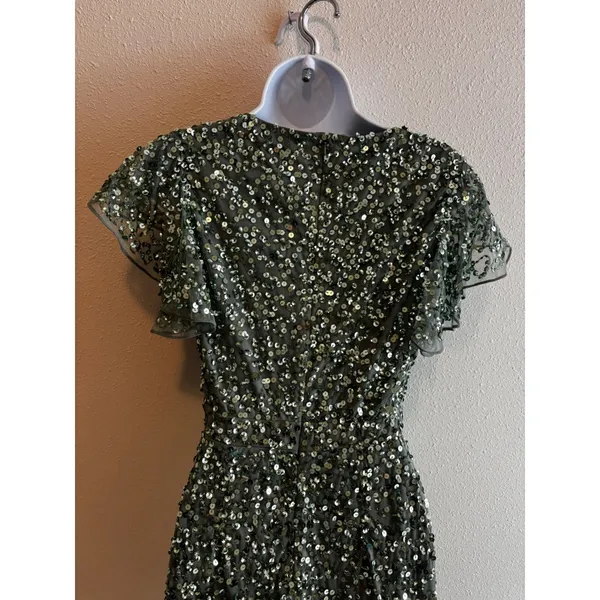 NWT $398 Mac Duggal Sequin‎ Midi Dress 2 Sage Green Flutter Sleeve Trumpet 10801 - Image 11