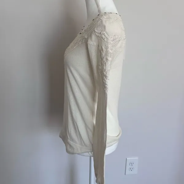 Free People Lace Cottagecore Studded Collar Cotton Slouchy Boho Longsleeve M - Image 3