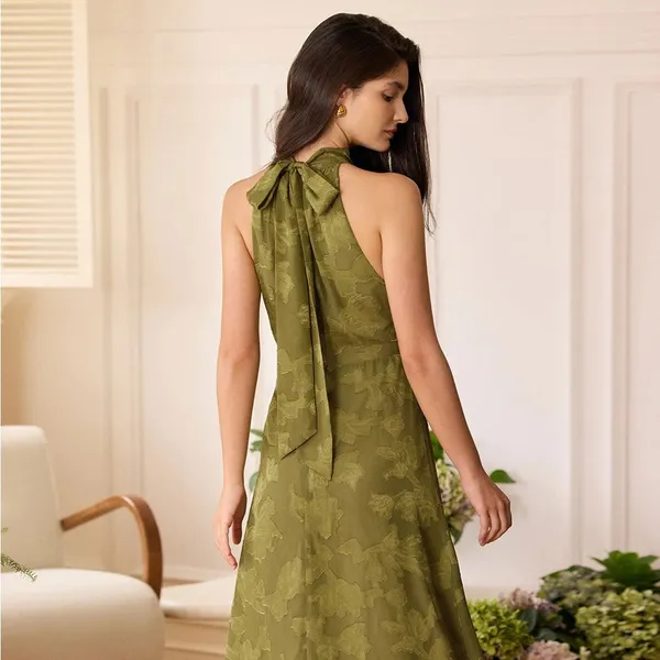 RIHOAS The Green Jacquard Ruched Halter Midi Dress 76 - Image 5