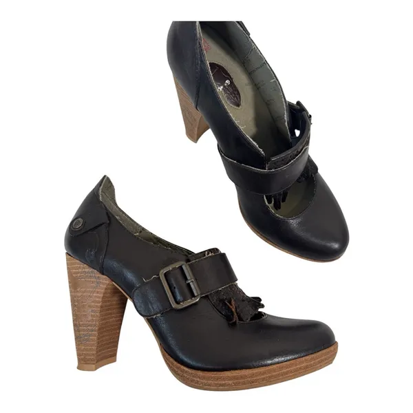 London Underground Brown Leather Mary Jane Heels Womens 8 Fringe Stacked Wood - Image 2