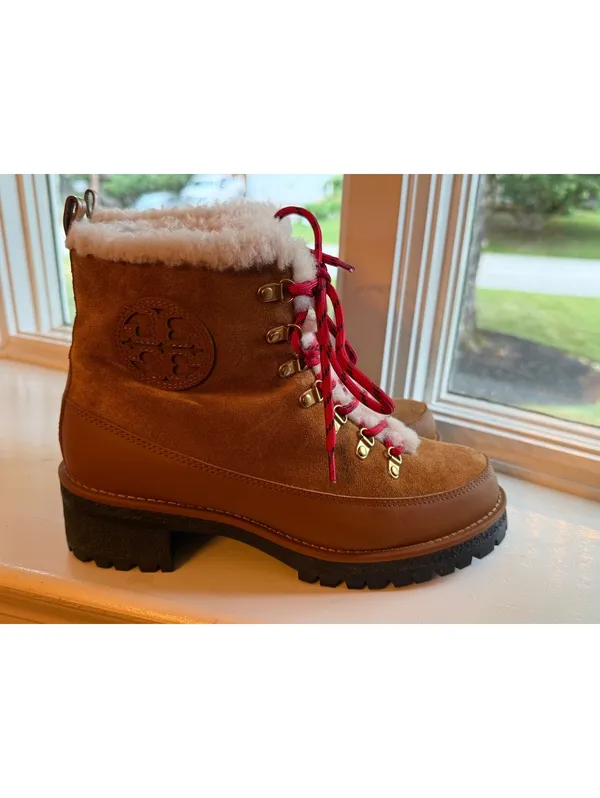 Tory Burch Shearling-Lined Brown Suede Hiking Boots with Red Laces Sz 8.5 - Image 4