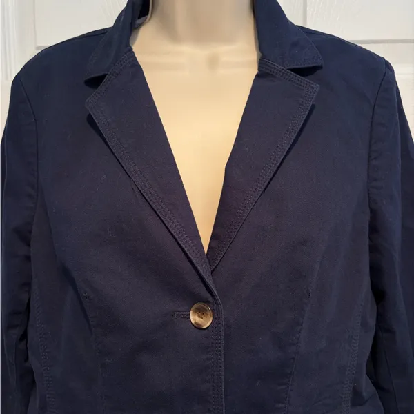 L.L.Bean Navy Blazer Jacket Women Medium Petite‎ Cotton Stretch Preppy Career - Image 3