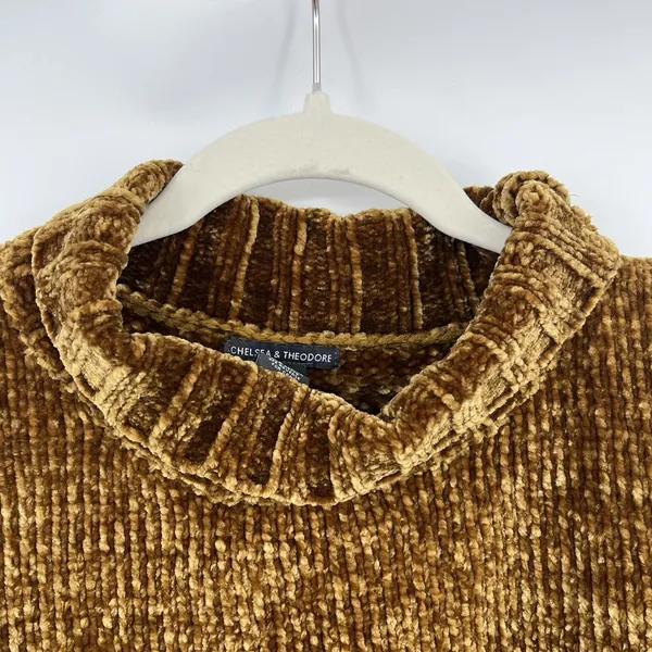 Women's Sweater Velvet Chelsea & Theodore Mock Mustard Yellow Brown Crop Relax - Image 5