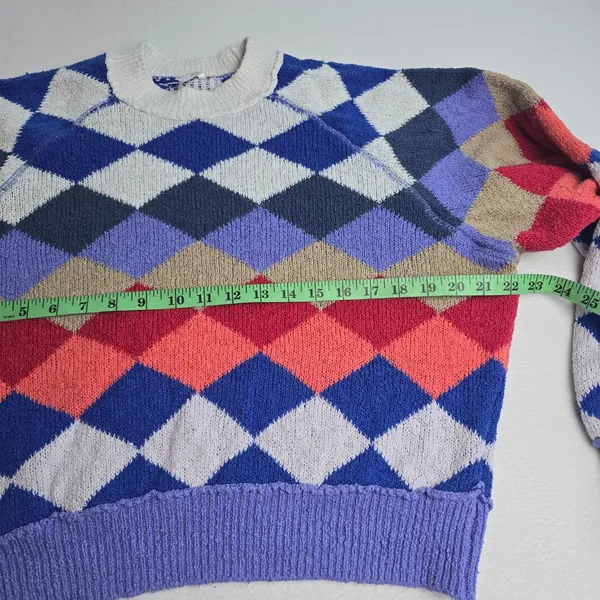 Free People Argyle Knit Sweater Blue Red Purple Diamond Pullover Small OB1255551 - Image 6