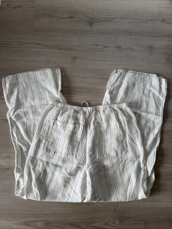 H&M Lightweight Striped Drawstring Linen Blend Pants - Cream - Image 5
