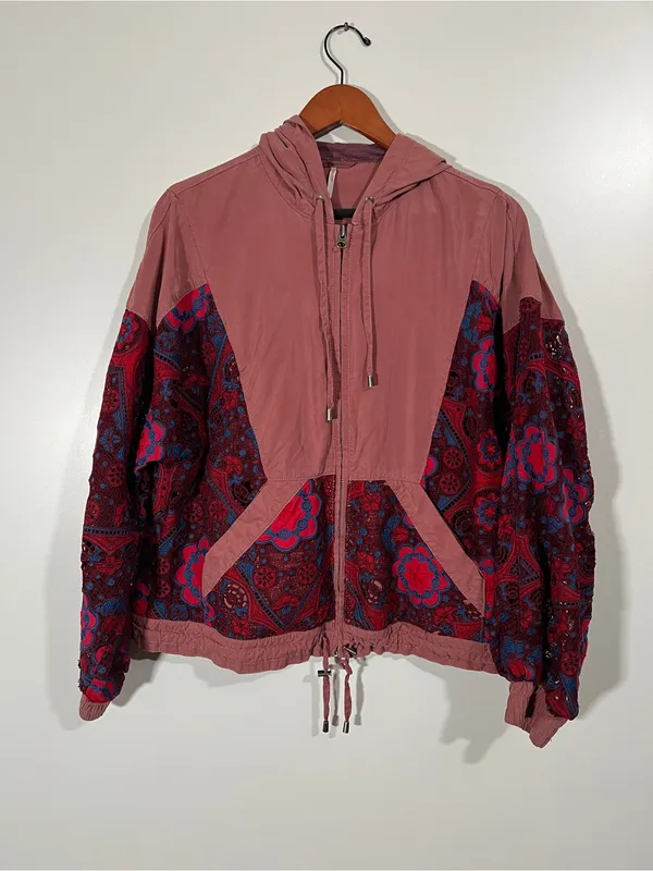 Free People Magpie Embroidered Lace Sleeve Jacket Size Small Baggy Fit Pink Blue - Image 3