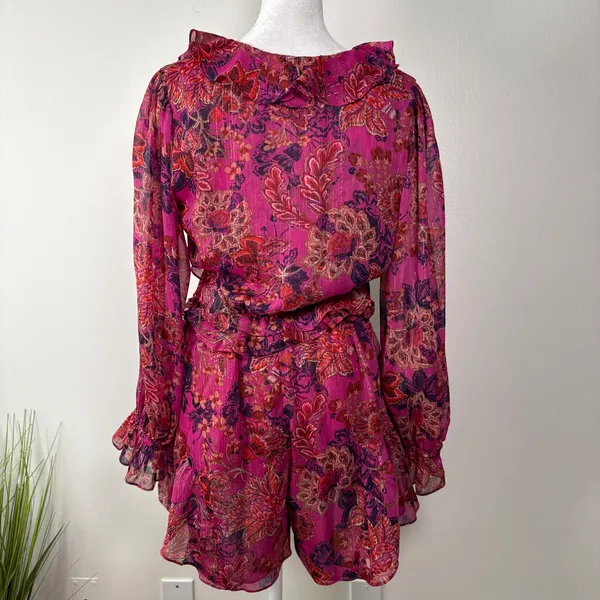 Misa Los Angeles azalea romper in Fuchsia size Small Floral Chiffon Ruffles - Image 6