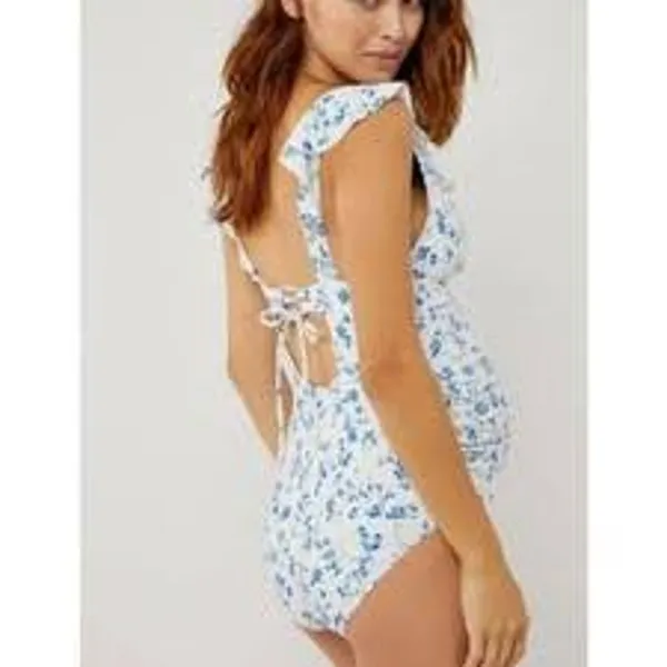 A PEA IN THE POD Blue Floral Ruffle One Piece Swimsuit NWT Size Small S V Neck - Image 2
