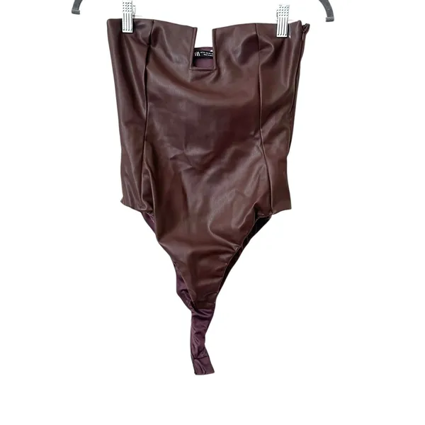 ZARA Faux Leather Sleeveless Bodysuit Brown‎ X-Small - Image 2