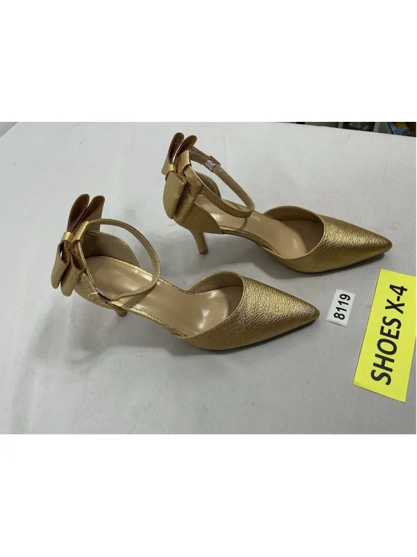 Womans Excellent Gold Metallic Stiletto Pumps Bow Accent Size 9 - Image 2