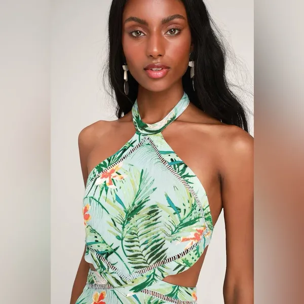 NEW!! Lulus St Tropez Mint Blue Leaf Print Halter‎ Dress - Image 10