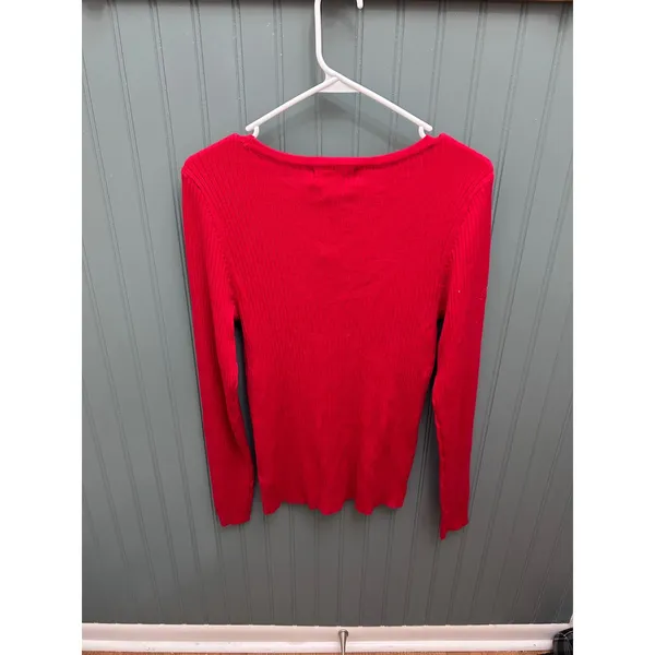 Liz‎ Claiborne Red Ribbed Knit Sweater Sparkle Button Detail Long Sleeve Women M - Image 4