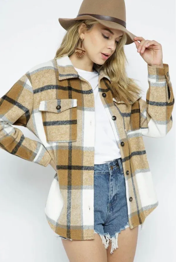 Oversized Plaid Shacket Tan Size L - Image 2