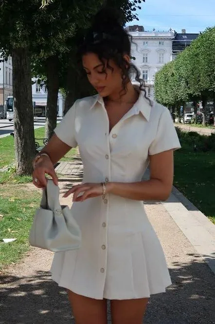 Zara mini dress pleated skirt collar button up ivory casual classic old money - Image 9