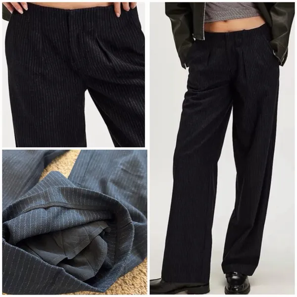 Free People Pinstripe Wide Leg Trousers 6 Navy Blue Low Rise Career Wool Blend - Image 8