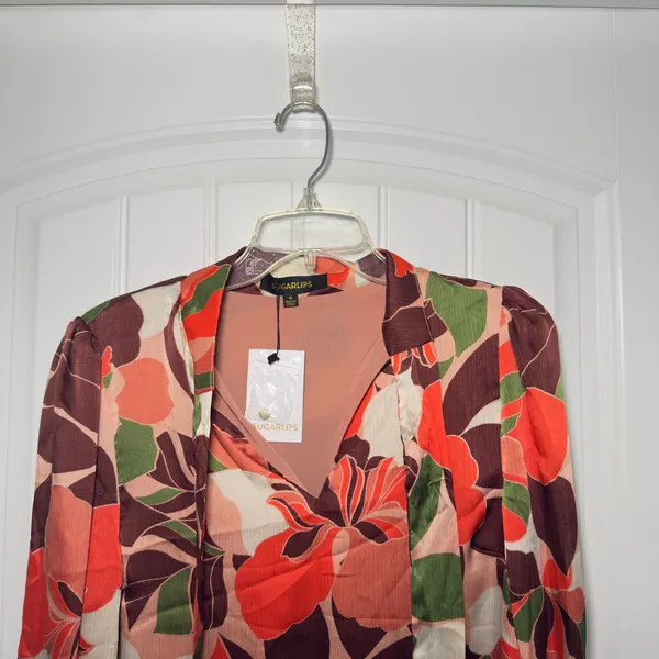 Sugarlips Medium Gilda Rodeo Split Neck Floral‎ Print Satin Blouse Boho Chic - Image 5