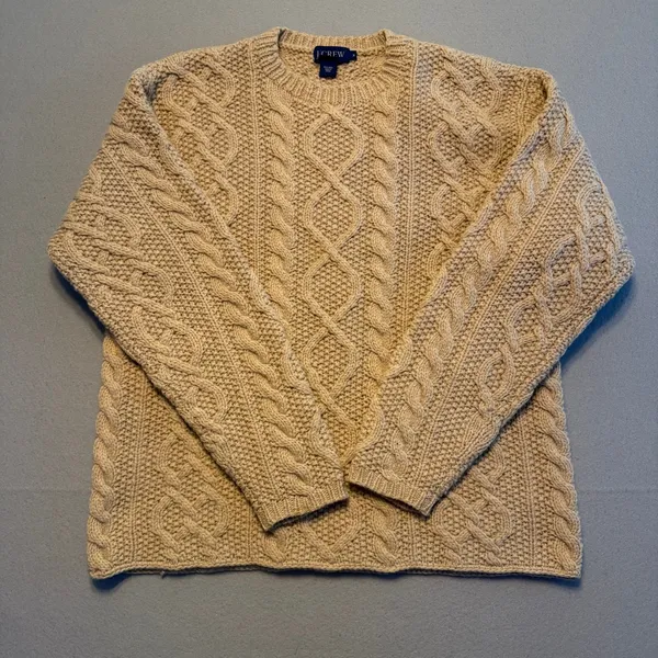 Vintage J.Crew Cable Knit Fisherman Sweater Wool Tan Beige Women Size Medium - Image 4
