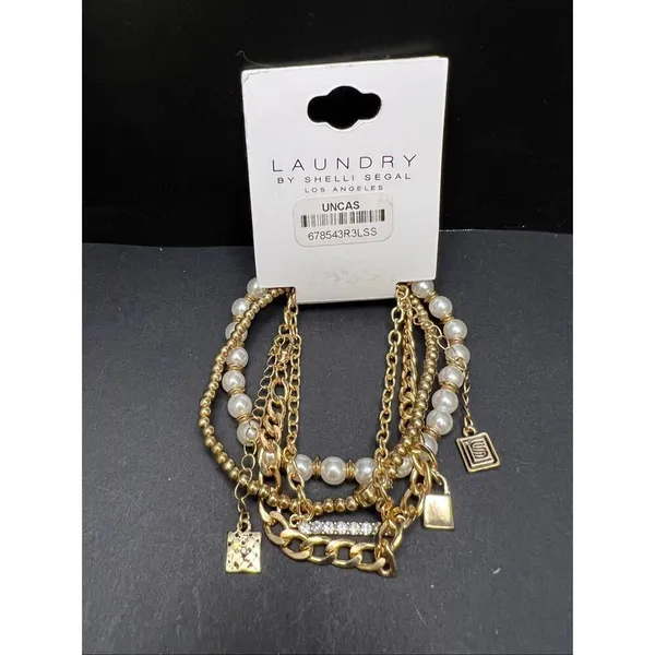 New Laundry by Shelli Segal Gold Toned Chain and Faux Pearl 4 Layering Bracelets - Image 2