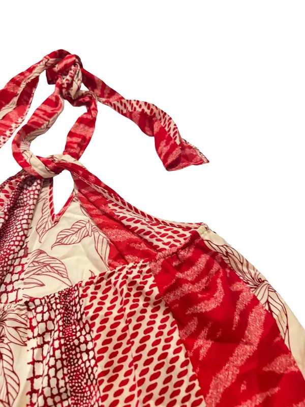 Banana Republic Red Cream Mixed Print Halter Tie Neck Top Shirt Small Women's - Image 13