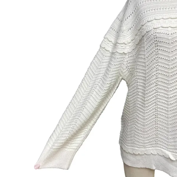 J. Crew Crewneck‎ Scalloped Pointelle Sweater Ivory Size XL - Image 4