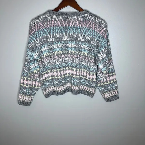 Vintage fair isle gray nordic thick sweater neutral pullover lodge medium chunky - Image 7