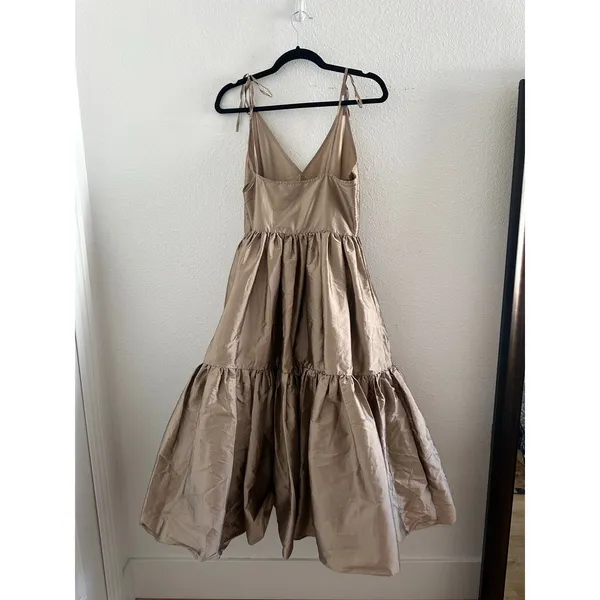 Anthropologie Bloni Tiered V-Neck Maxi Dress Bronze Metallic Size Medium Petite - Image 3