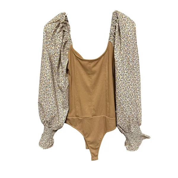 Promesa Tan‎ Ribbed Corset Bodice Floral Puff Sleeve Bodysuit Medium JTC10543 - Image 7